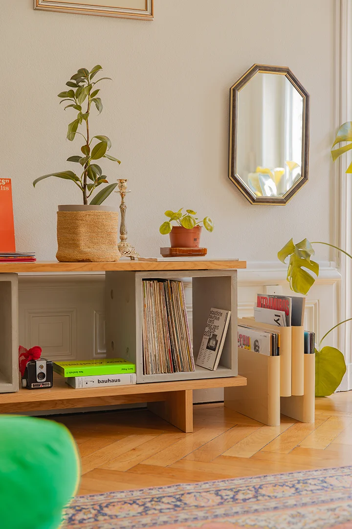 sideboard made of oak and concrete storage module
