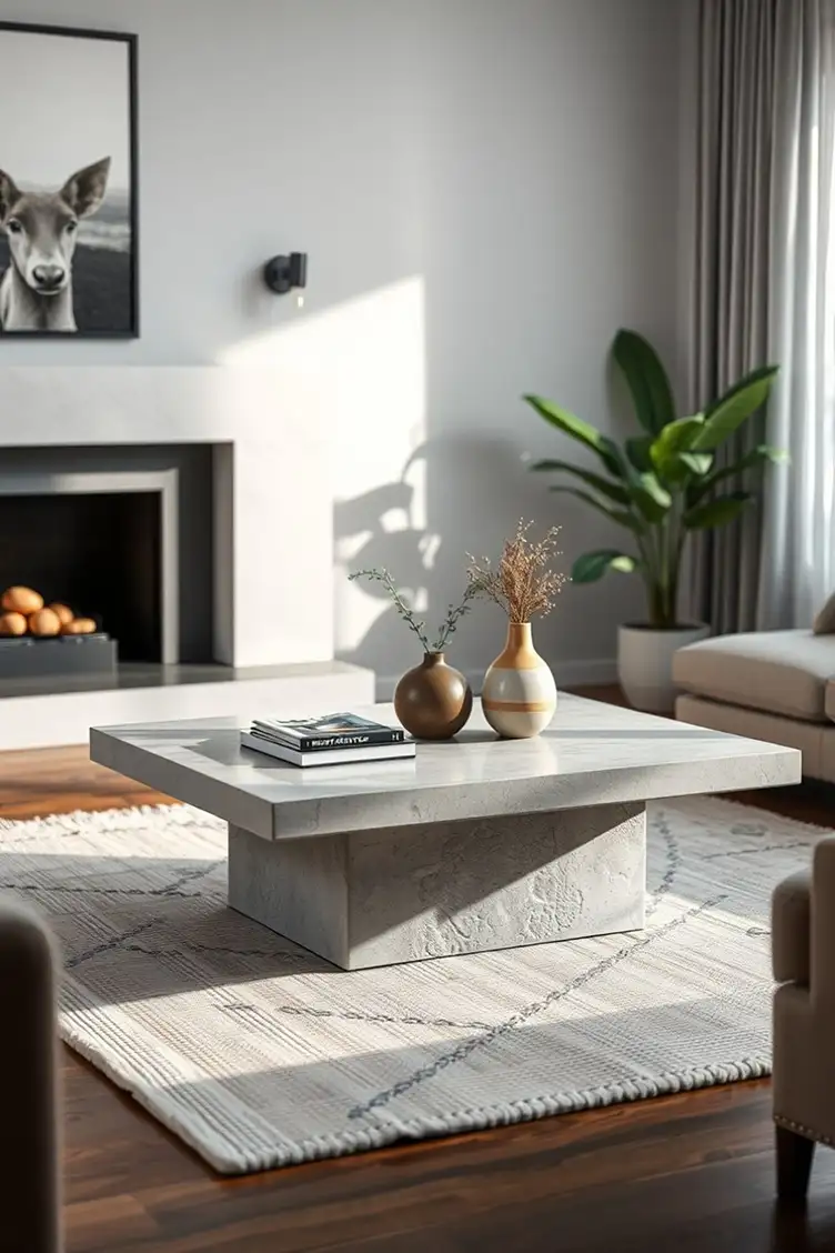 Concrete coffee table in a loft with bookshelf, black leather armchair and parquet — Lyon Béton