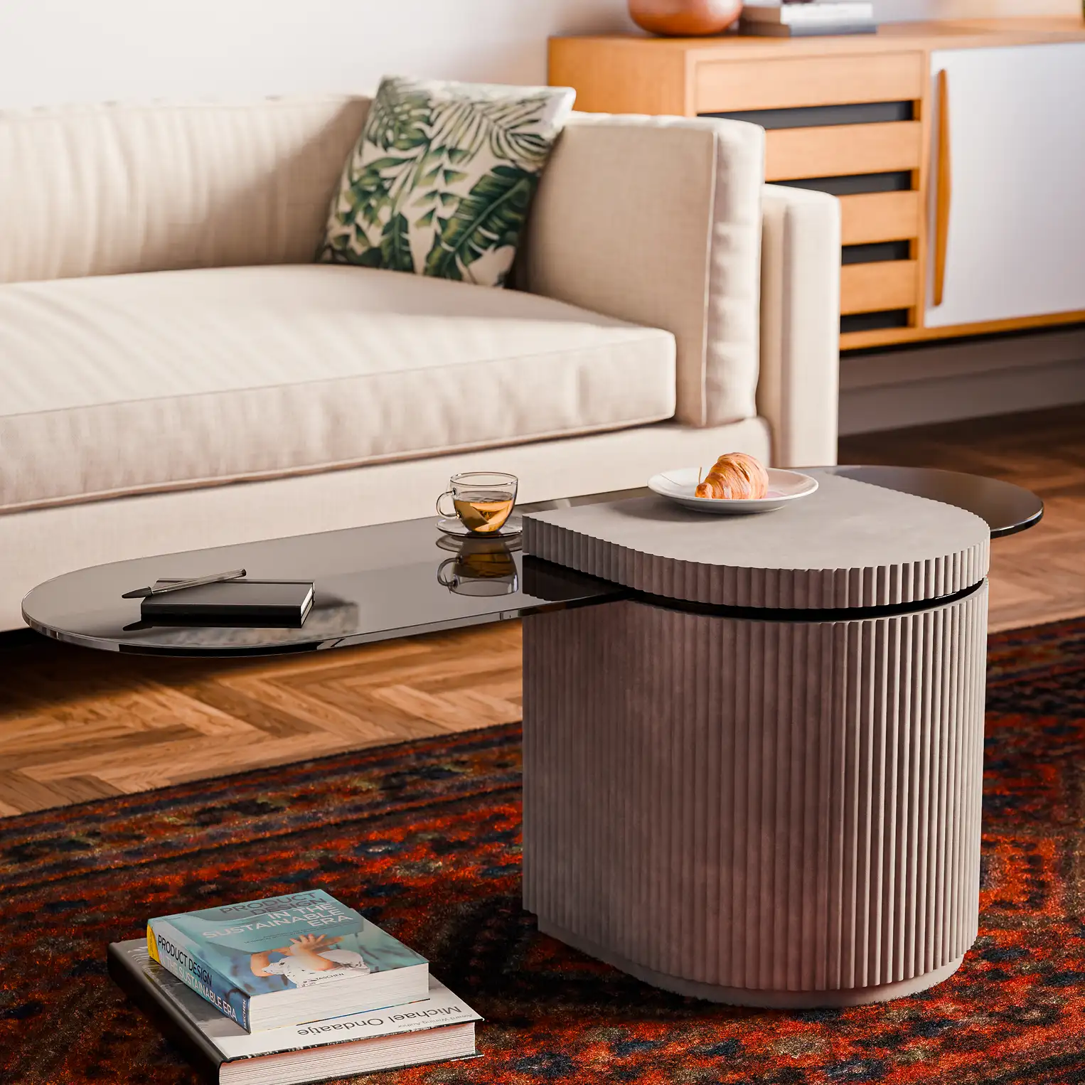 Strut concrete coffee table in a warm living room with cream sofa and Persian rug — Lyon Béton