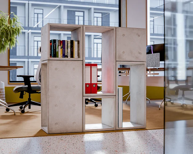 Dice modular concrete storage used as an open room divider in an office
